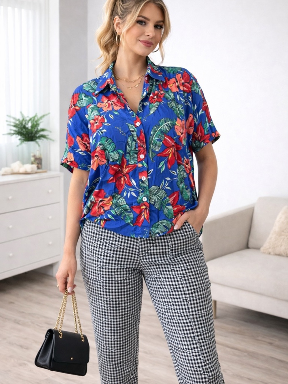 Bershka Royal Blue Floral Button-Down Shirt